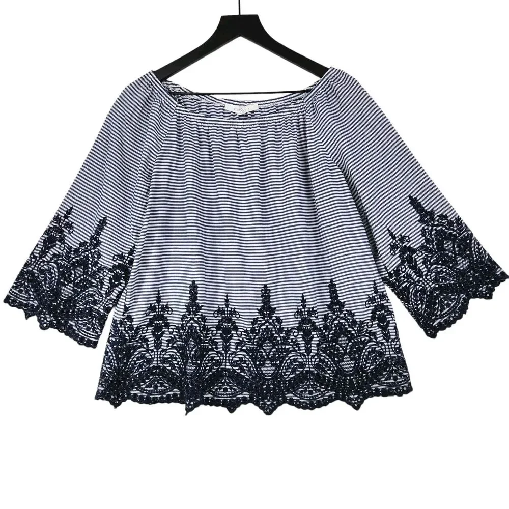 Fever Women's Navy Striped Blouse Large Embroidered Eyelets Boho Peasant Cottage
